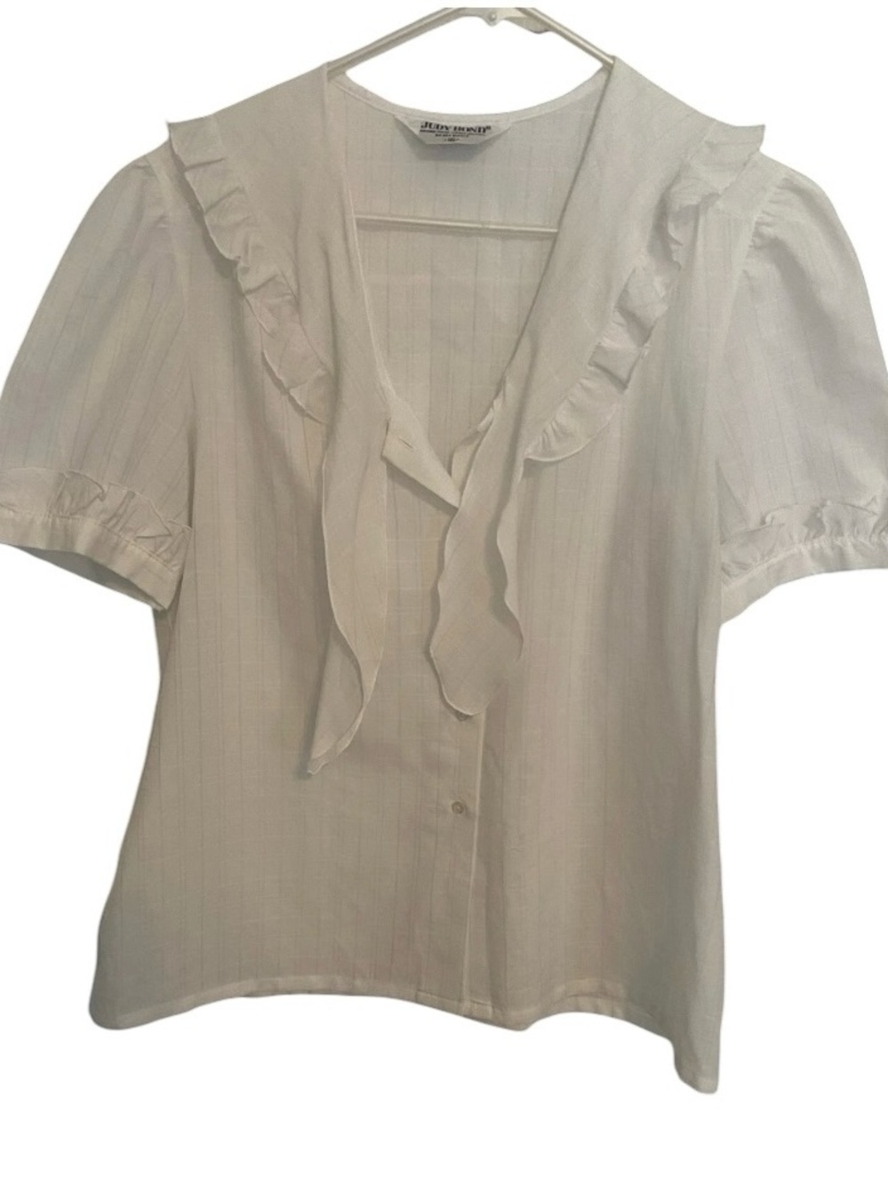 Judy Bond Vintage White Ruffle V-Neck Short Sleeve Blouse Size 16